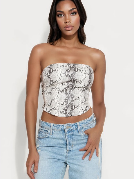 Fashion Nova Snake Print Strapless Tube Top - White/Gray Cropped